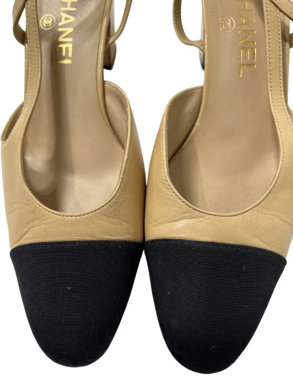 Chanel Slingbacks in Goatskin & Grosgrain Beige Black